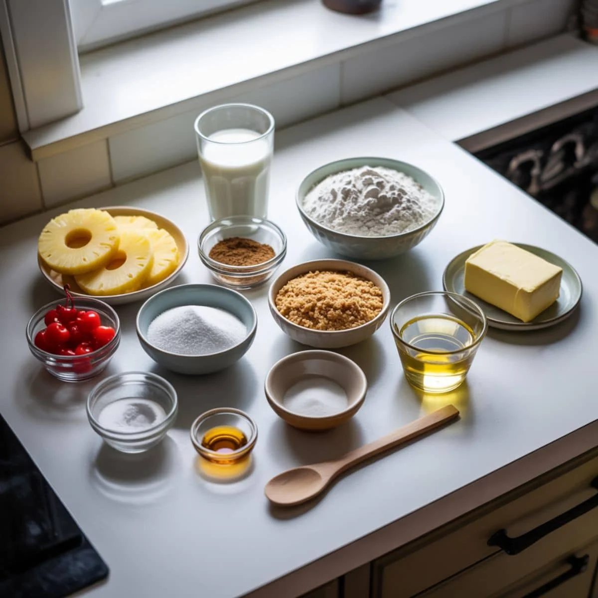 Pineapple upside down cupcake ingredients on a kitchen counter