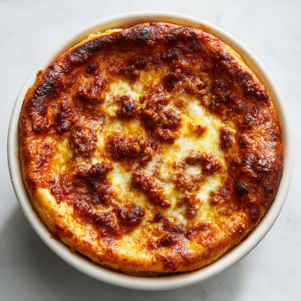 Homemade pizza pot pie recipe with melted cheese and marinara sauce in a white bowl