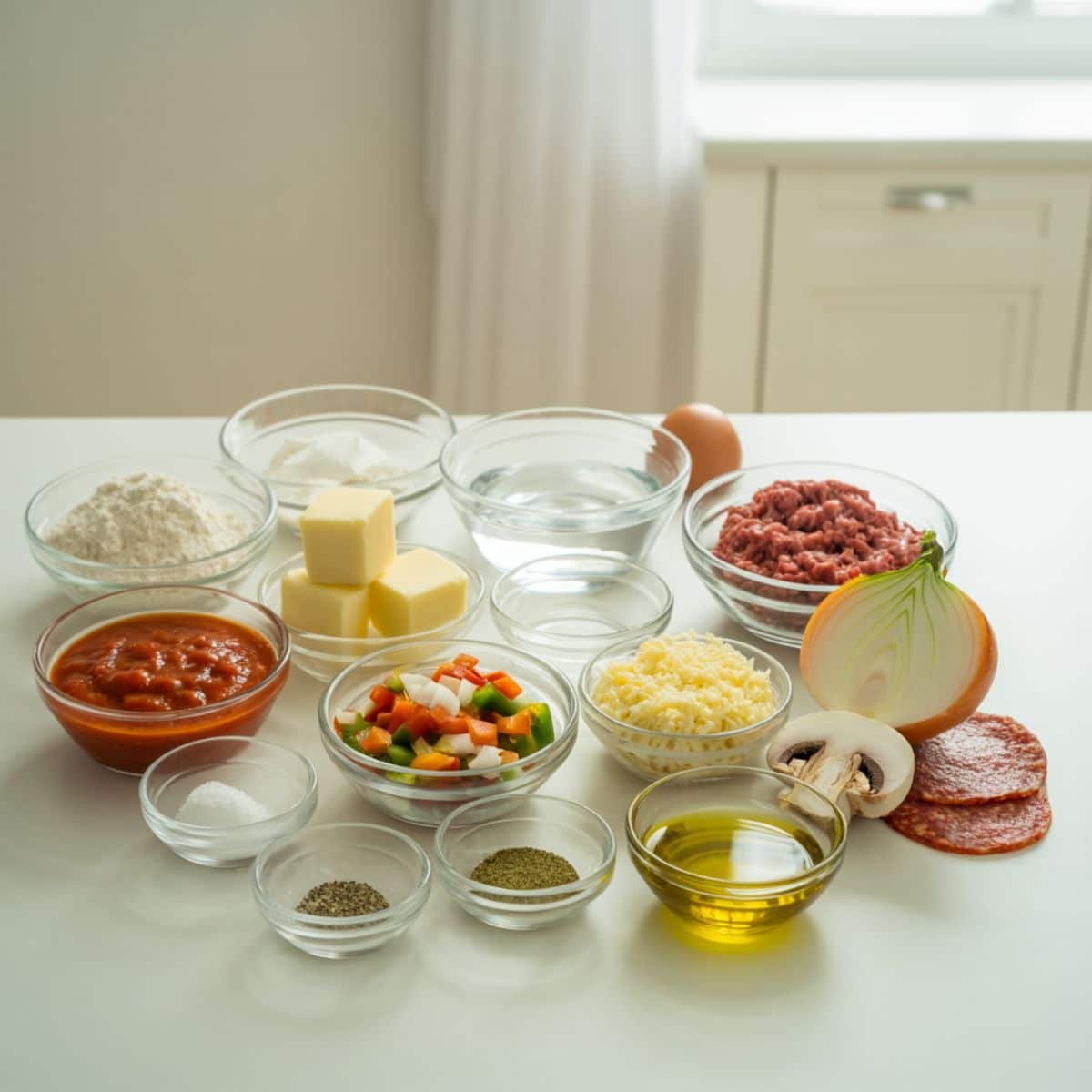 Flat lay of pizza pot pie ingredients on a white kitchen counter