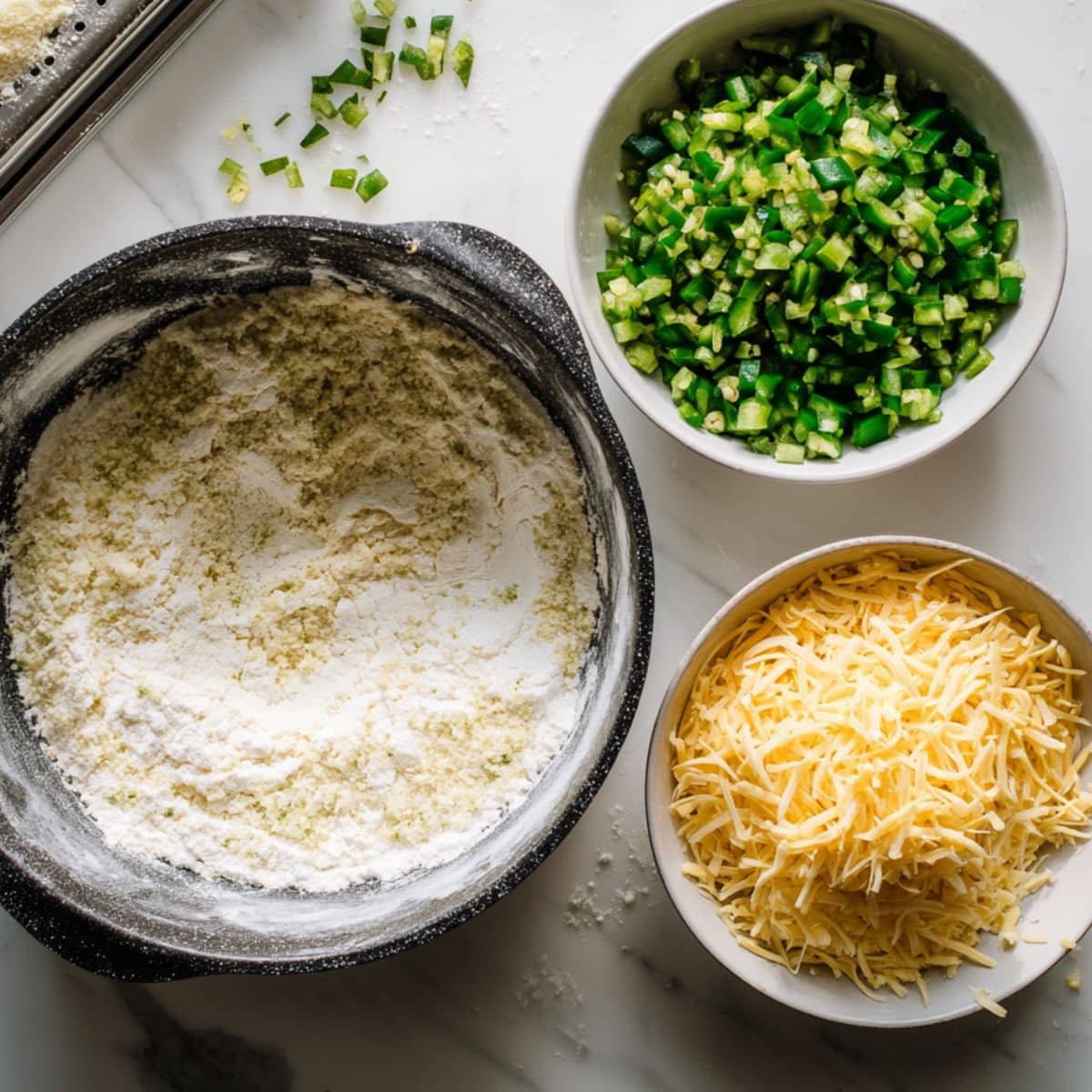 Flour and spices mixed in a bowl, sautéed jalapeños, and cheese grated nearby