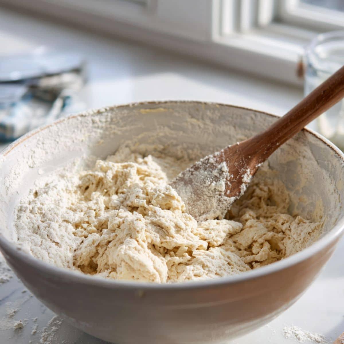 Mixing sourdough challah dough ingredients in a large bowl	
