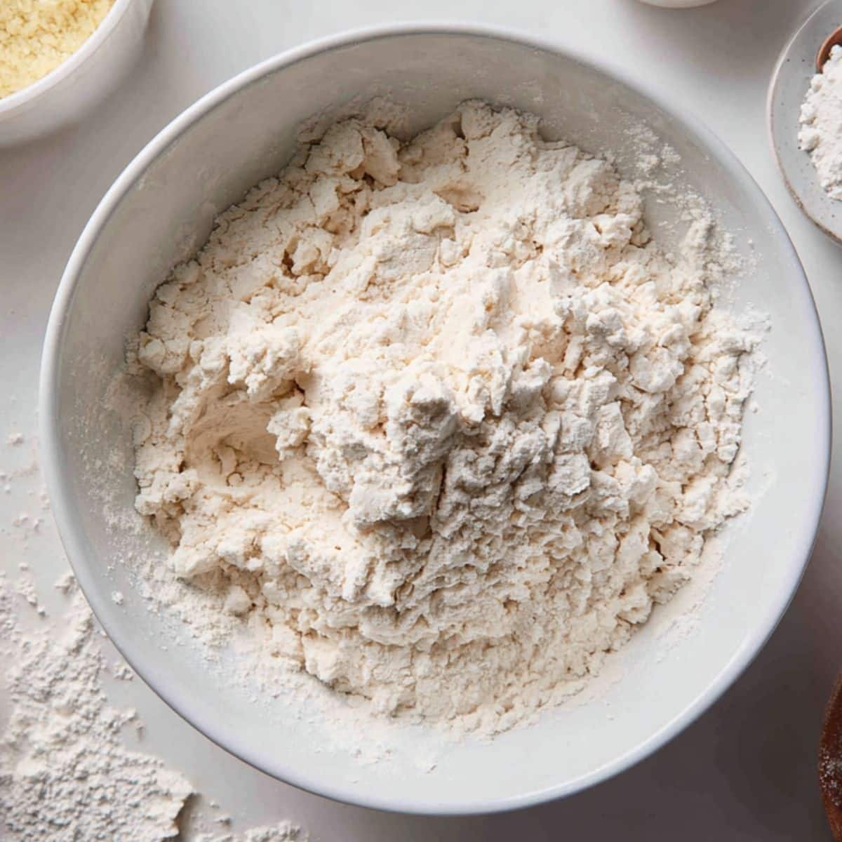 Mixing gluten free pita dough in a white bowl