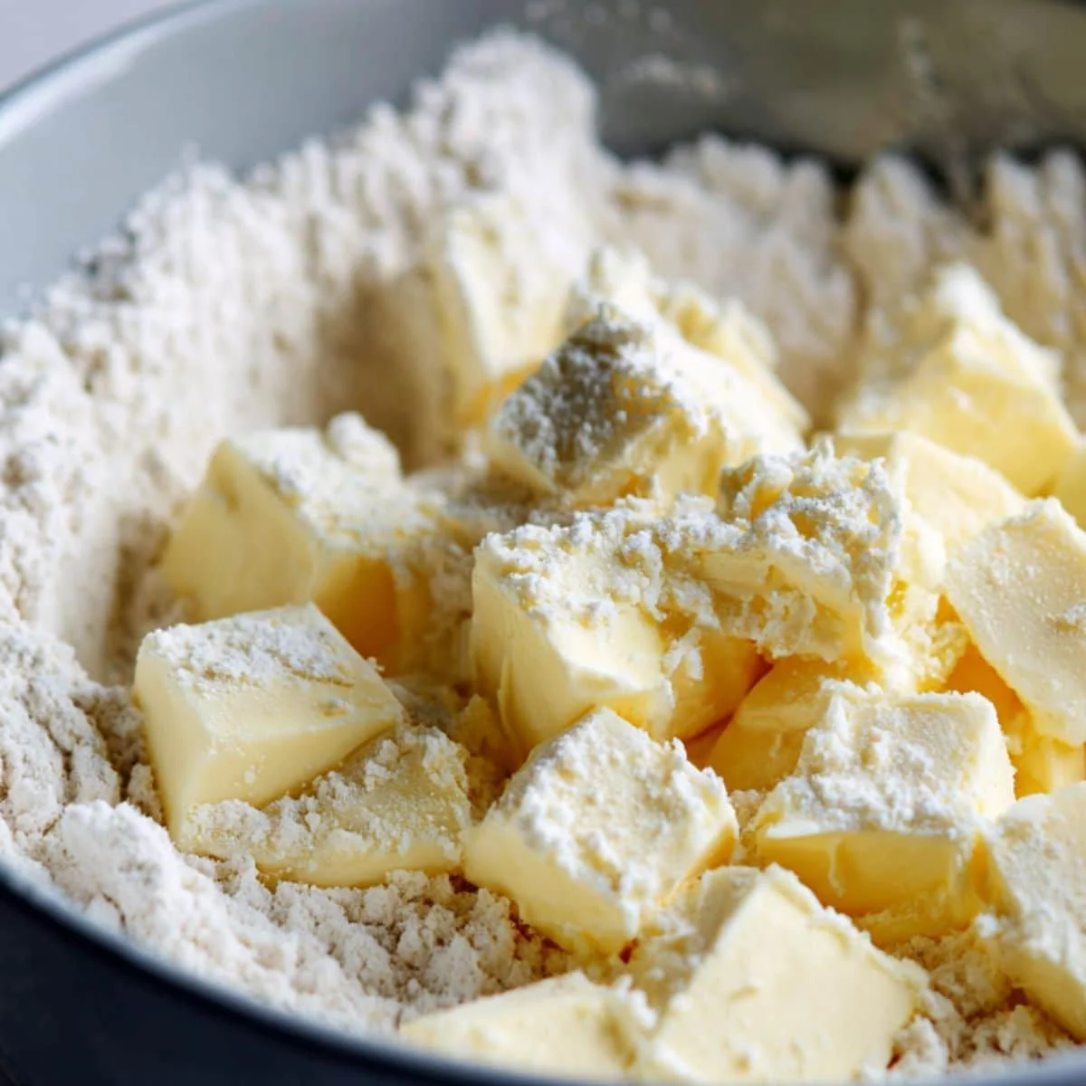 Mixing cold butter into flour for homemade pastry dough	