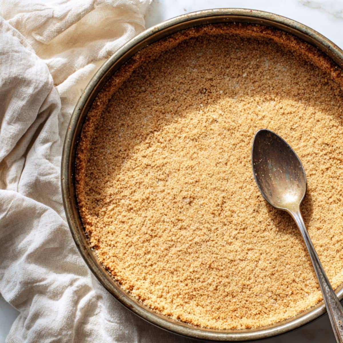 Graham cracker crust being pressed into pan