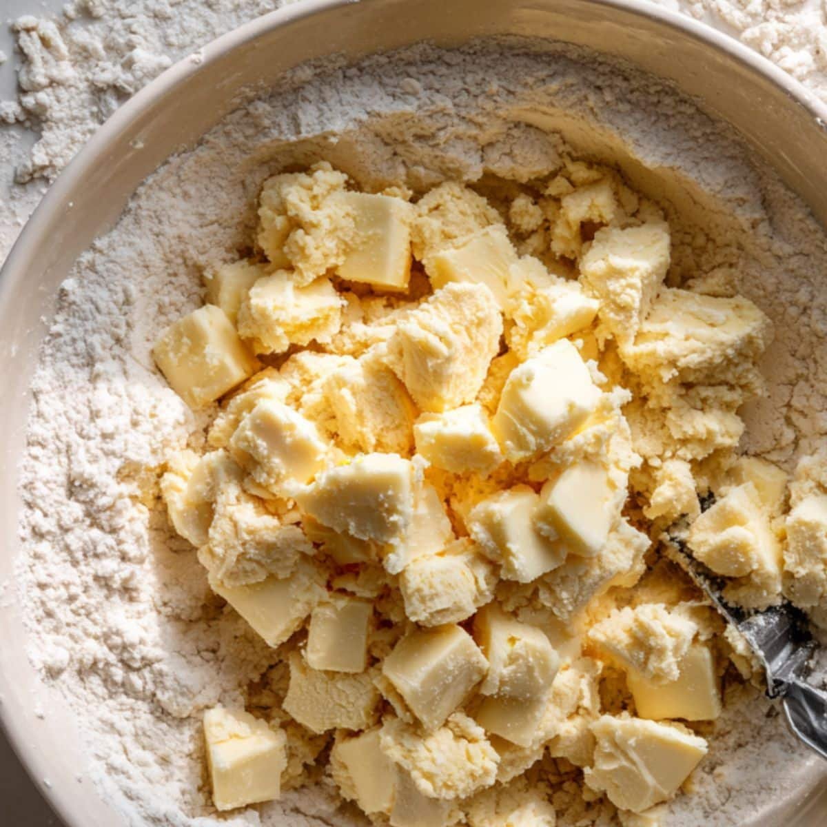 Mixing hand pie dough in a white bowl
