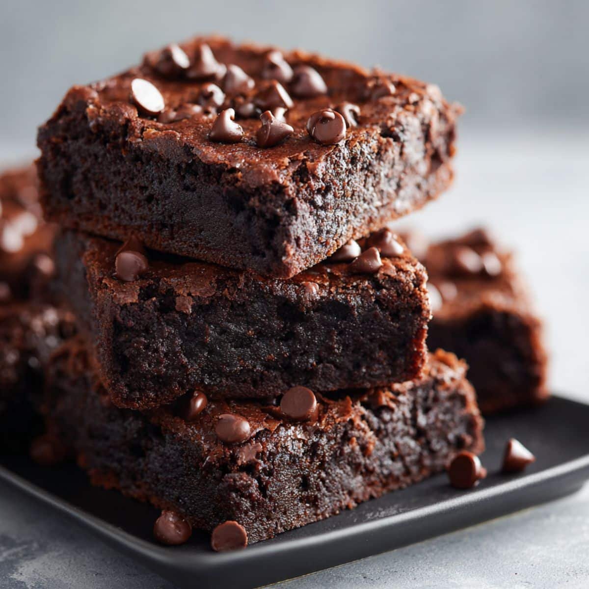 Fudgy homemade protein brownies stacked with chocolate chips on a white kitchen counter