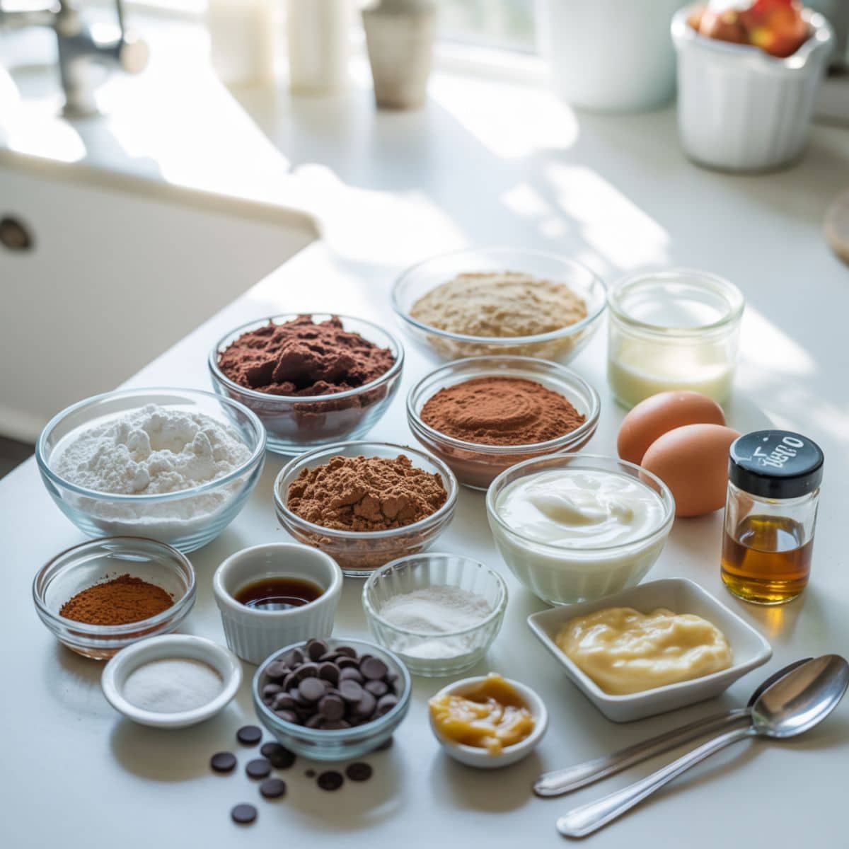 Flat lay of protein brownie ingredients neatly arranged on a white kitchen counter