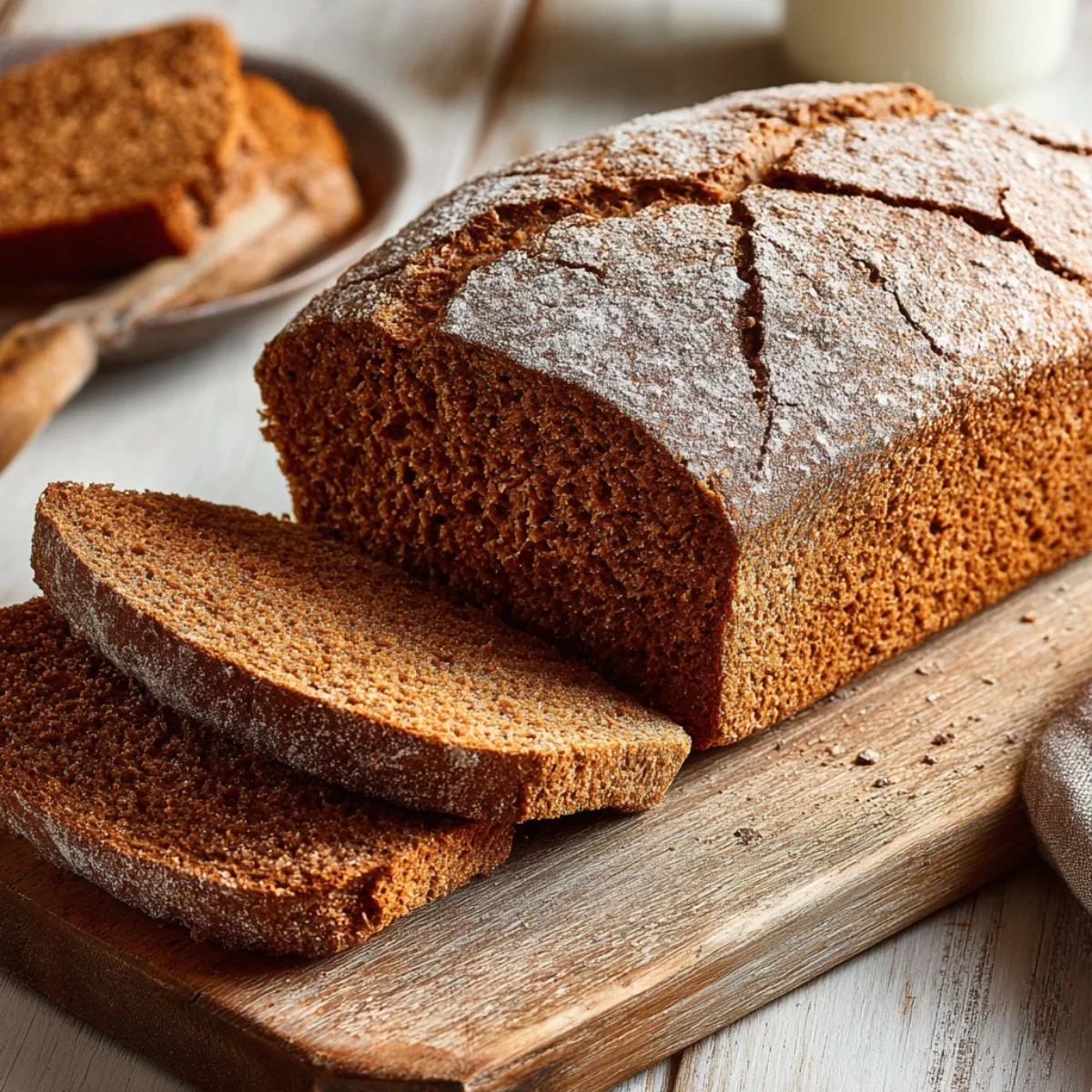 Homemade German pumpernickel bread loaf sliced on cutting board in white kitchen