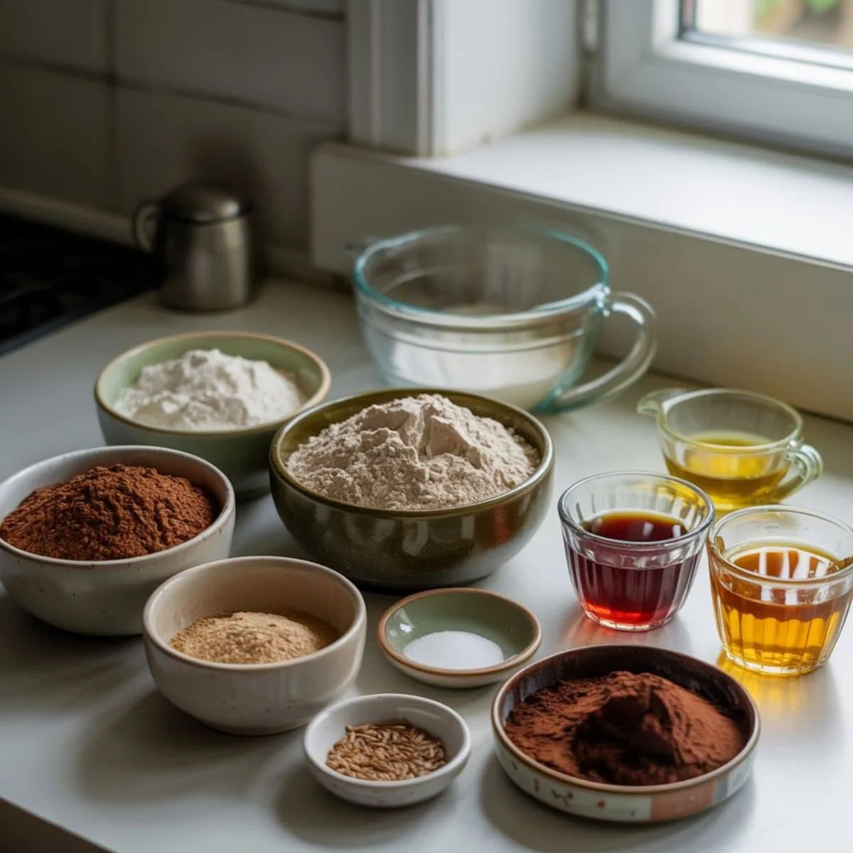 Ingredients for pumpernickel bread neatly arranged on white kitchen counter with natural light