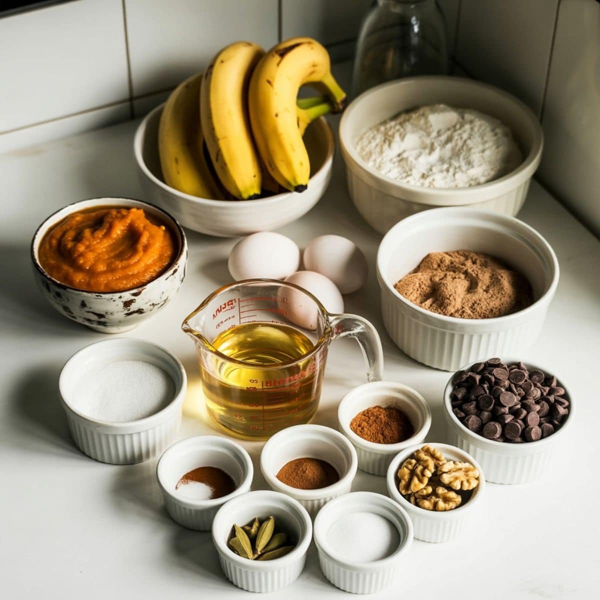 Ordered ingredients for pumpkin banana bread laid out in simple bowls on a white counter