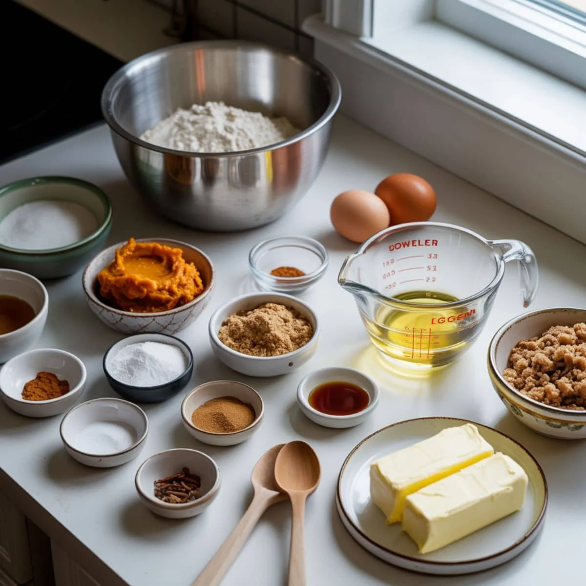 All ingredients laid out for pumpkin cheesecake muffins