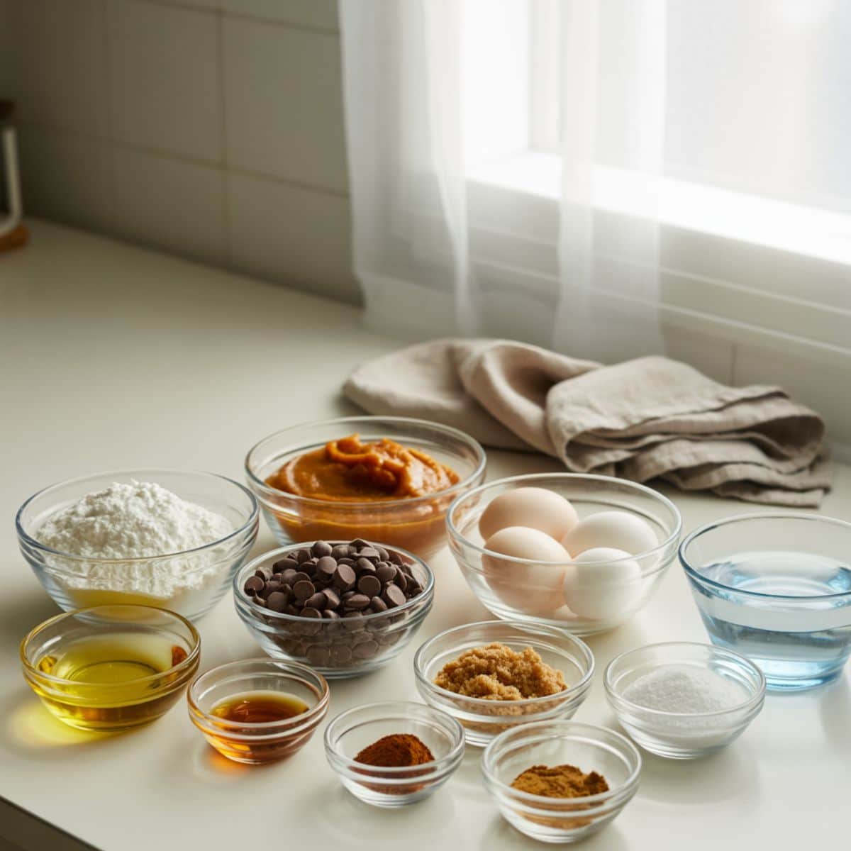 All ingredients for Pumpkin Chocolate Chip Bread laid out neatly