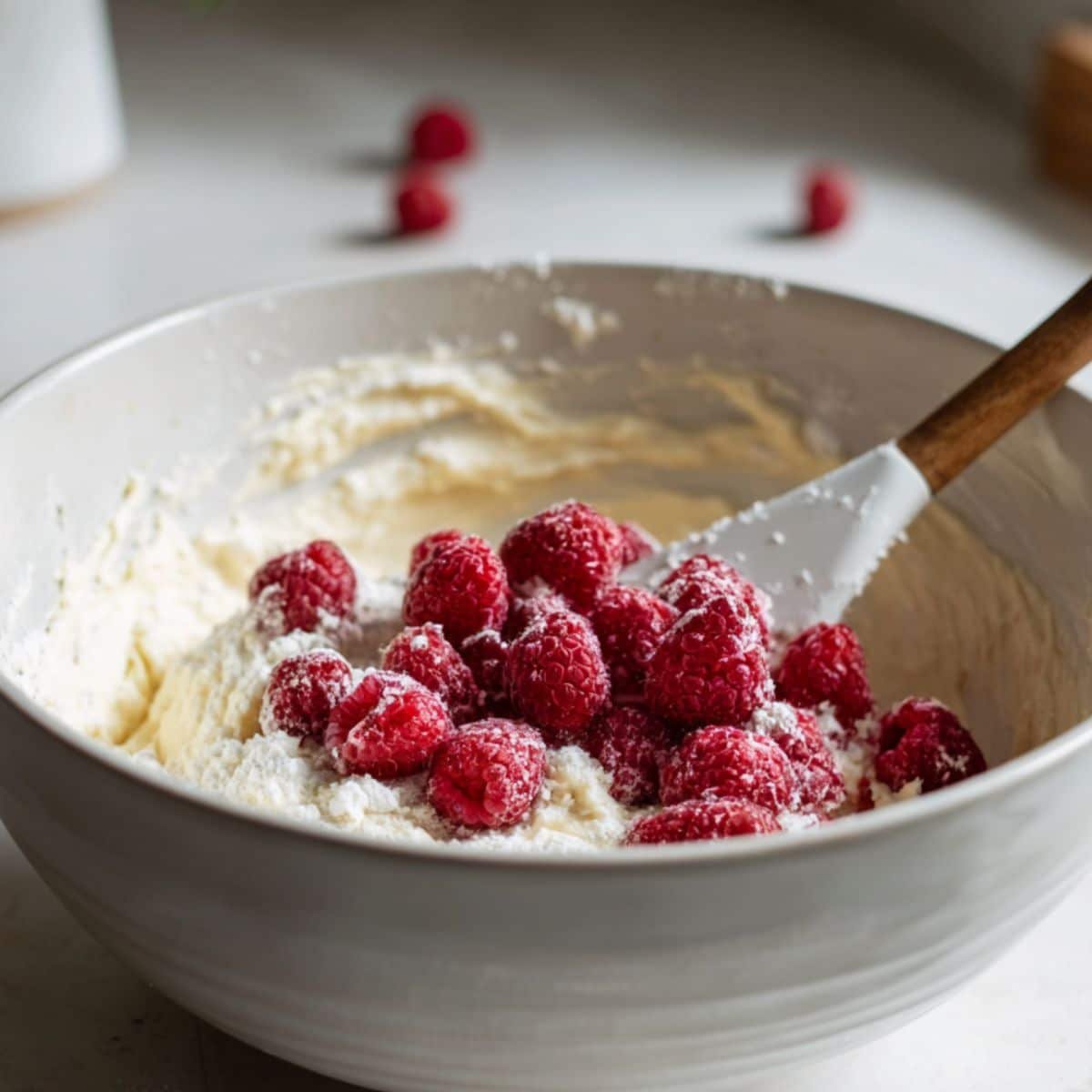Mixing cupcake batter with fresh raspberries in a white bowl	