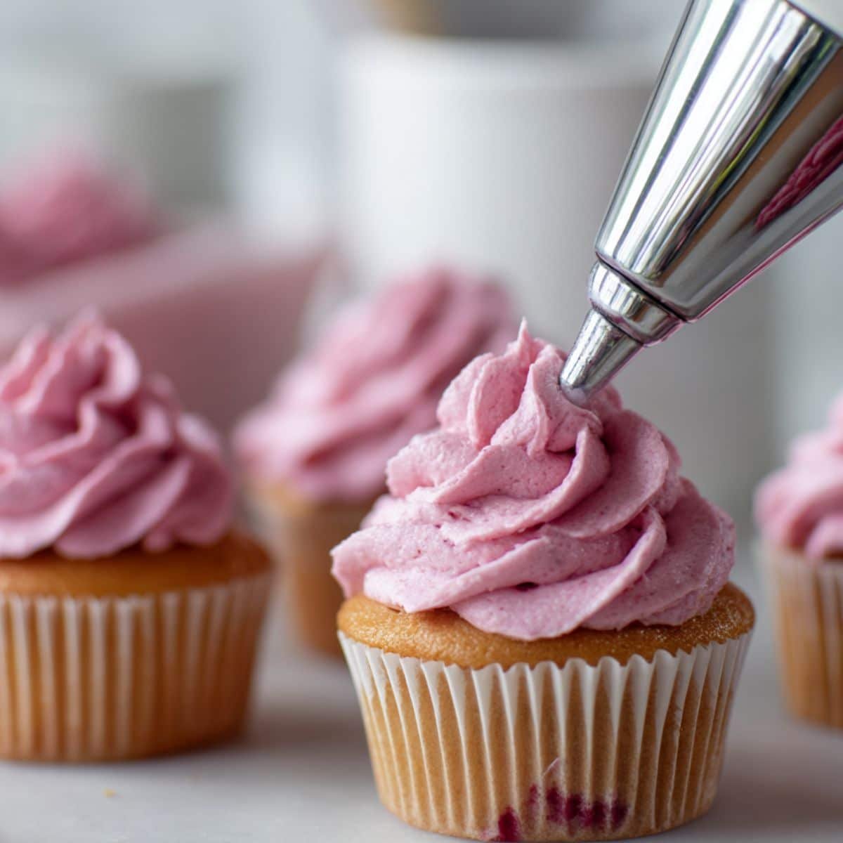 Pink raspberry frosting being piped onto cupcakes	