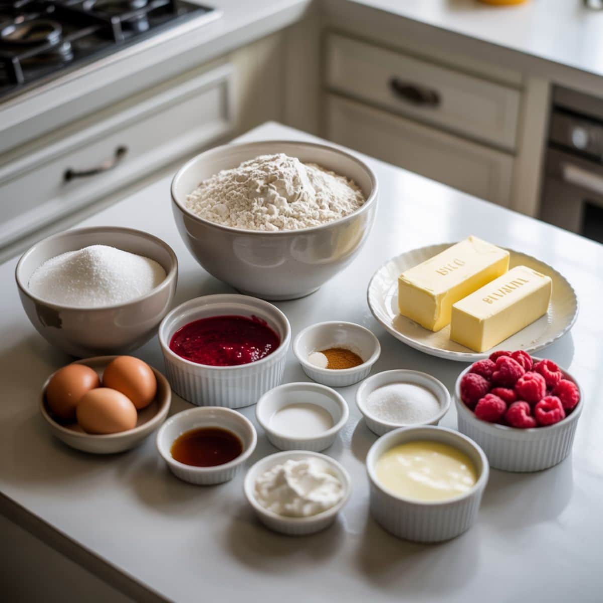 All ingredients for raspberry cupcakes arranged on a white kitchen counter	