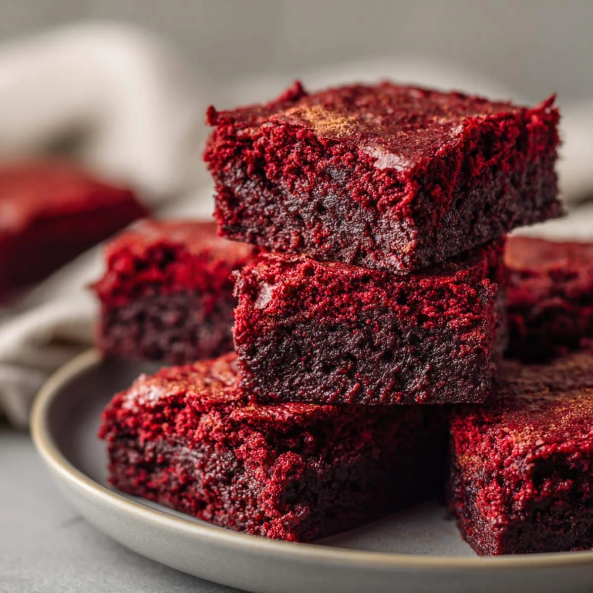 Top-down photo of homemade red velvet brownies cut into squares on white plate