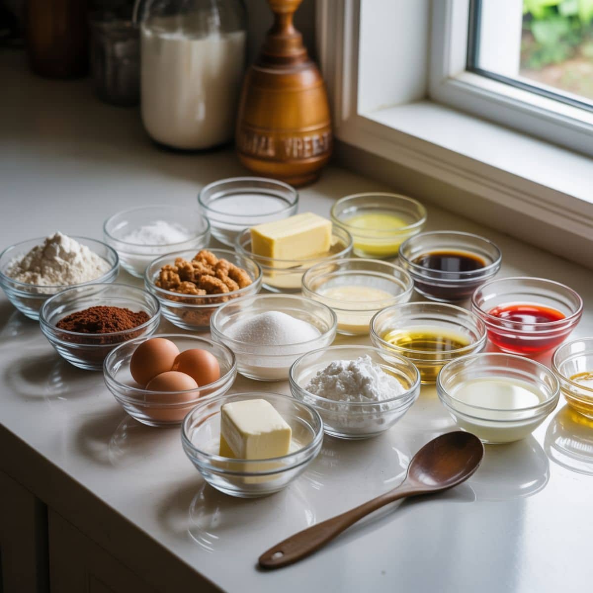 Flat lay of all ingredients for red velvet brownies on a white kitchen counter