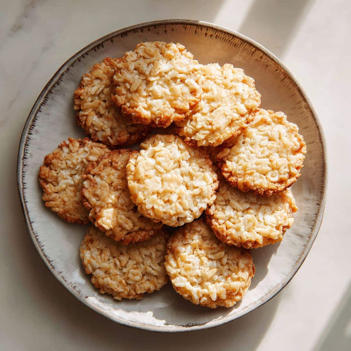 Freshly baked rice krispie cookies  on a white kitchen counter