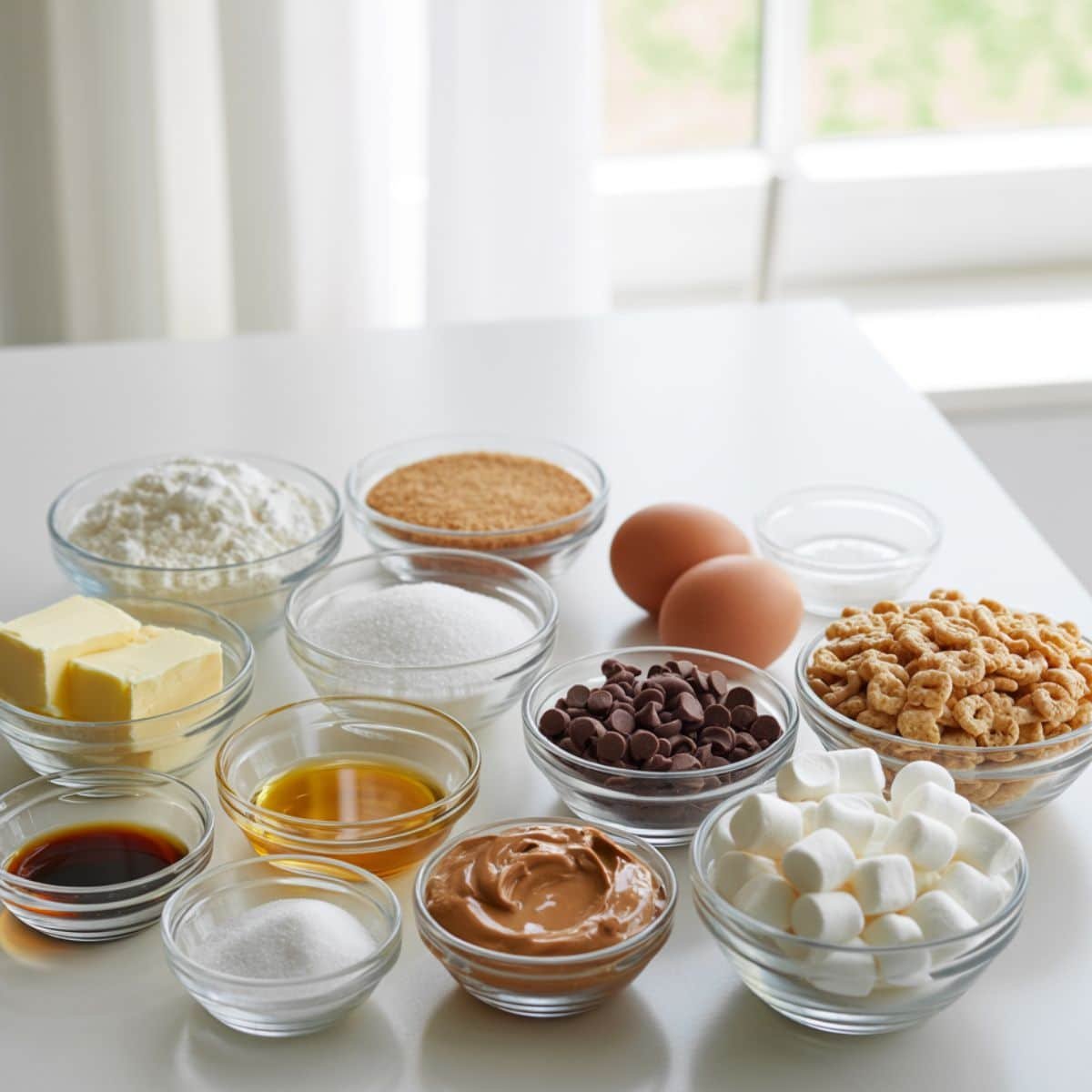 Flat lay of rice krispie cookie ingredients in bowls on a white kitchen counter
