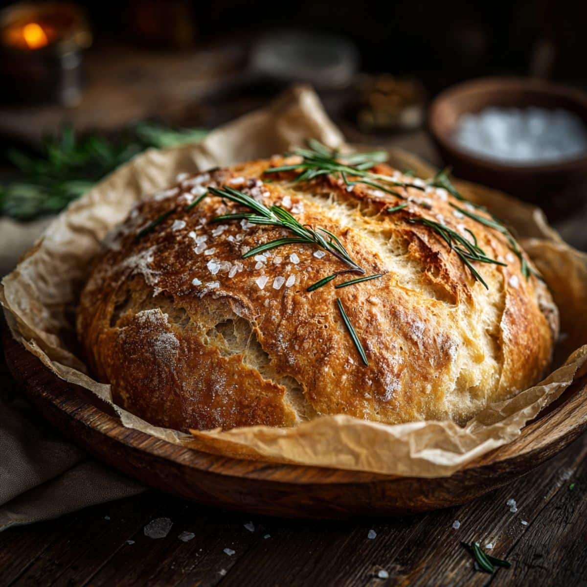 Freshly baked artisan rosemary bread loaf in Dutch oven with golden crust
