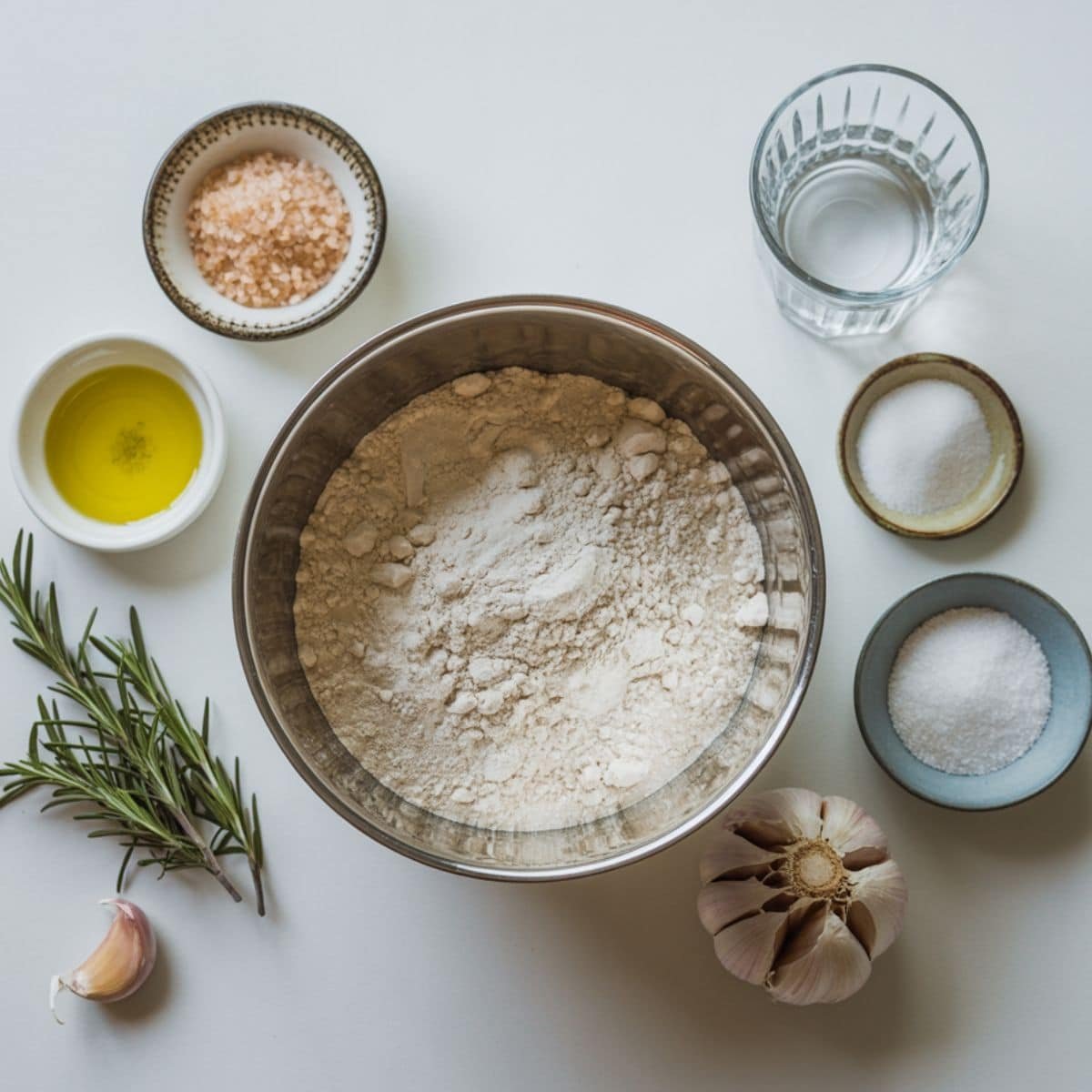 Flat lay of rosemary bread ingredients on white kitchen counter
