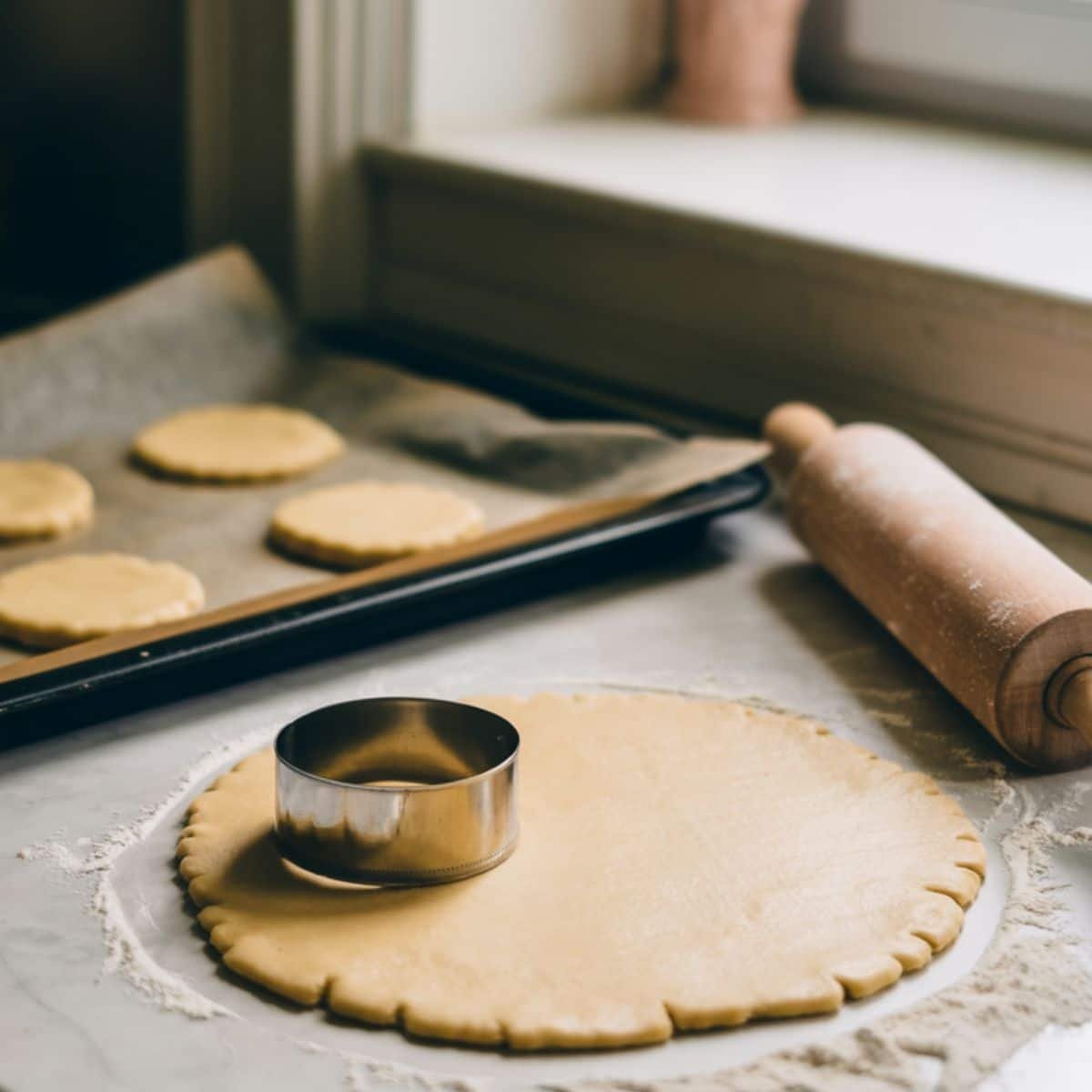 Rolled tea cake dough being cut into round shapes	
