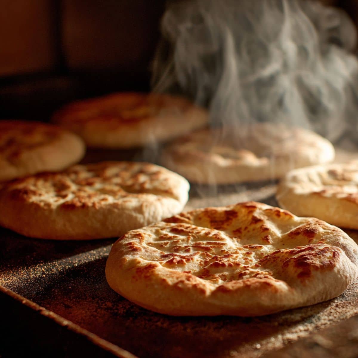 Pitas puffing inside oven on baking stone