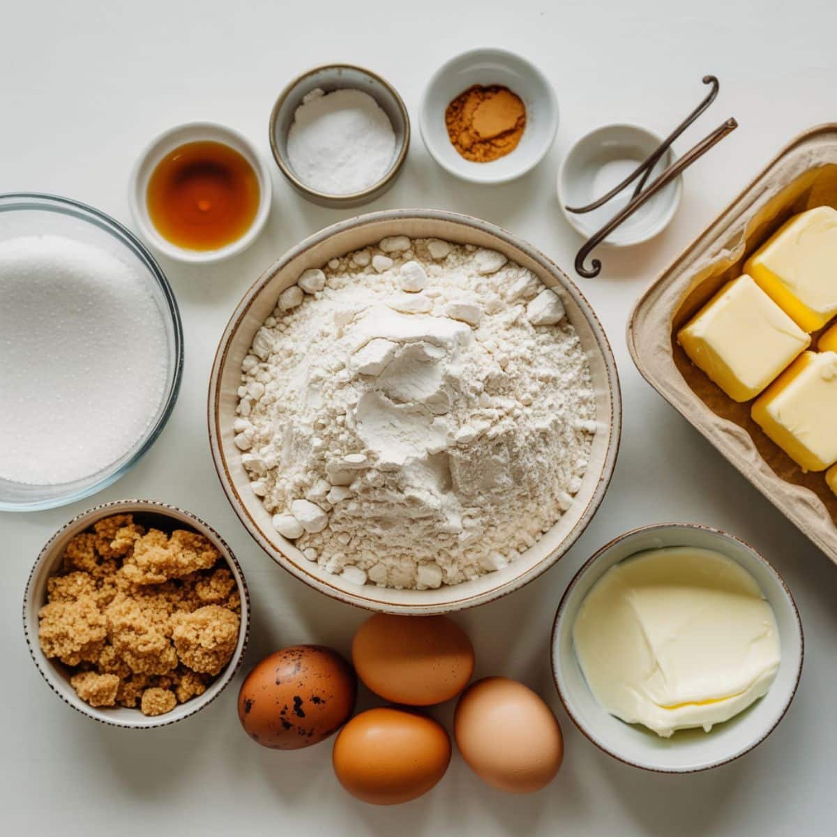 Top view of snickerdoodle bars ingredients on white counter