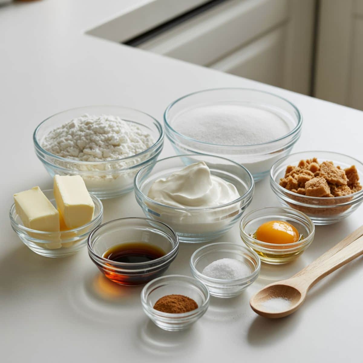 Flat lay of sour cream cookie ingredients neatly arranged on a white kitchen counter