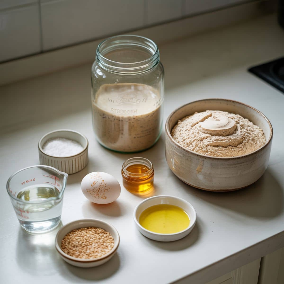 Ingredients for sourdough challah bread laid out on white counter	