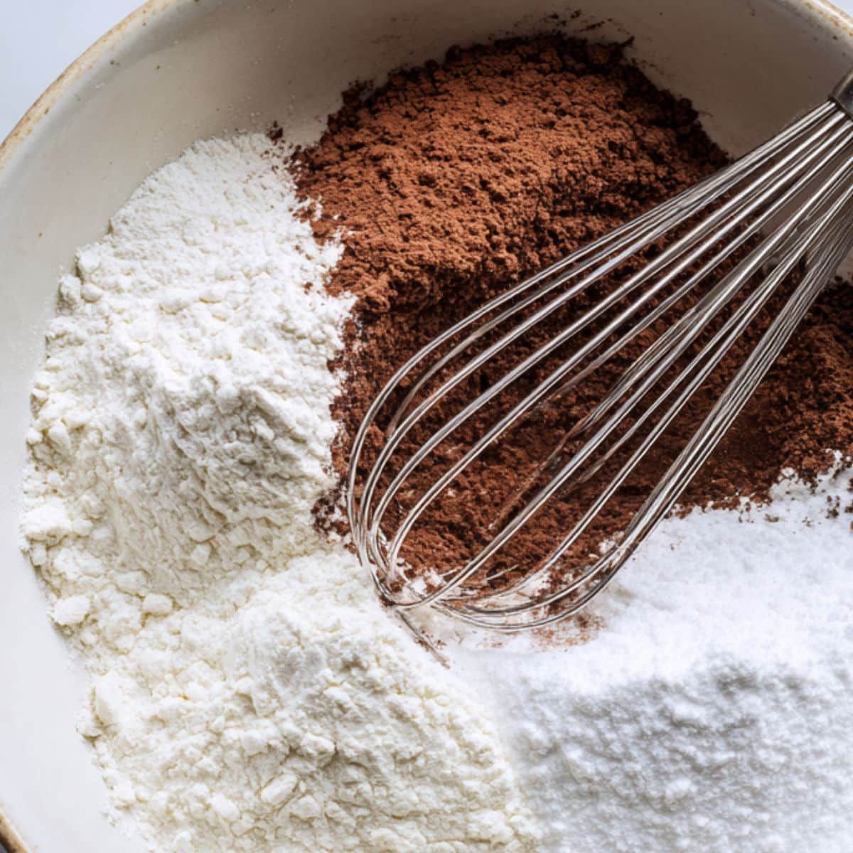 Whisking flour, cocoa, sugar, and leaveners together in a large bowl	