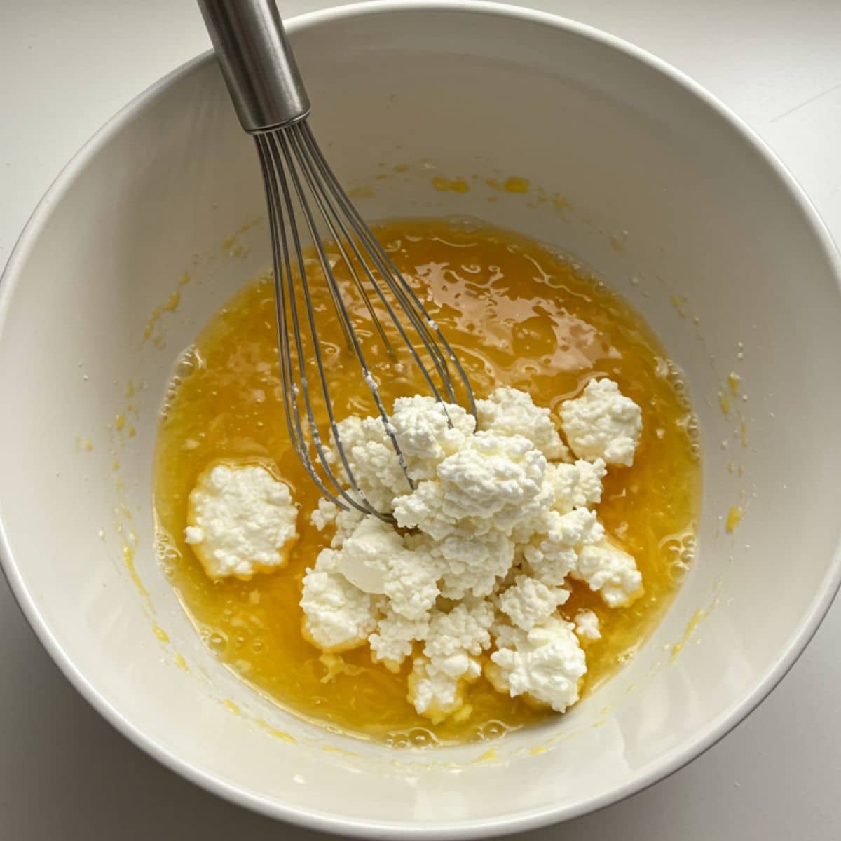 Mixing cottage cheese and eggs for bread base