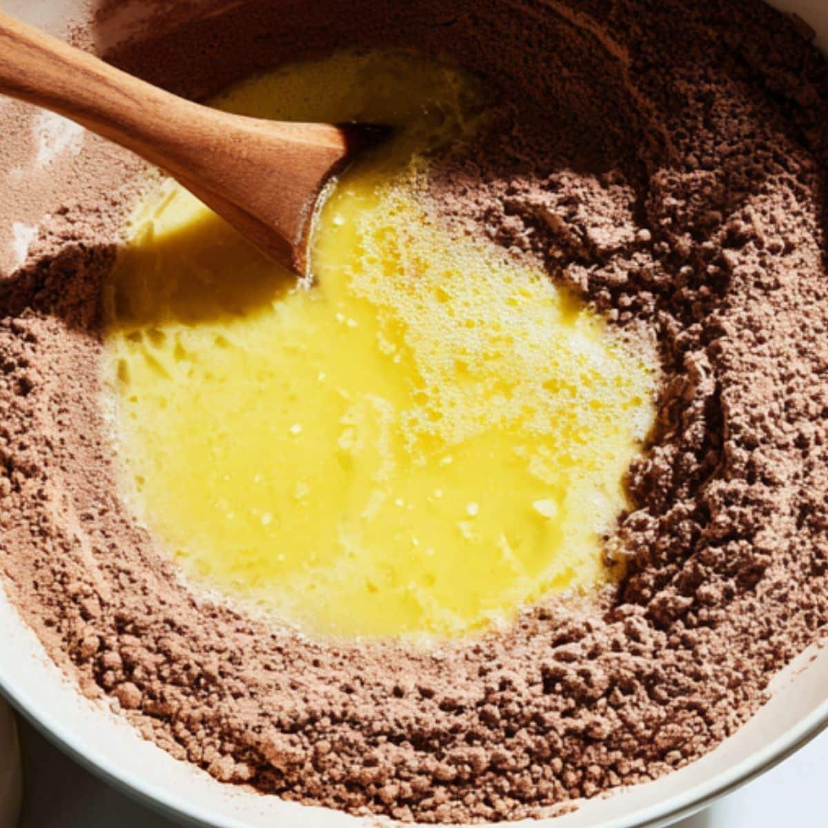 Pouring wet ingredients into cocoa-flour mixture and stirring with spoon	
