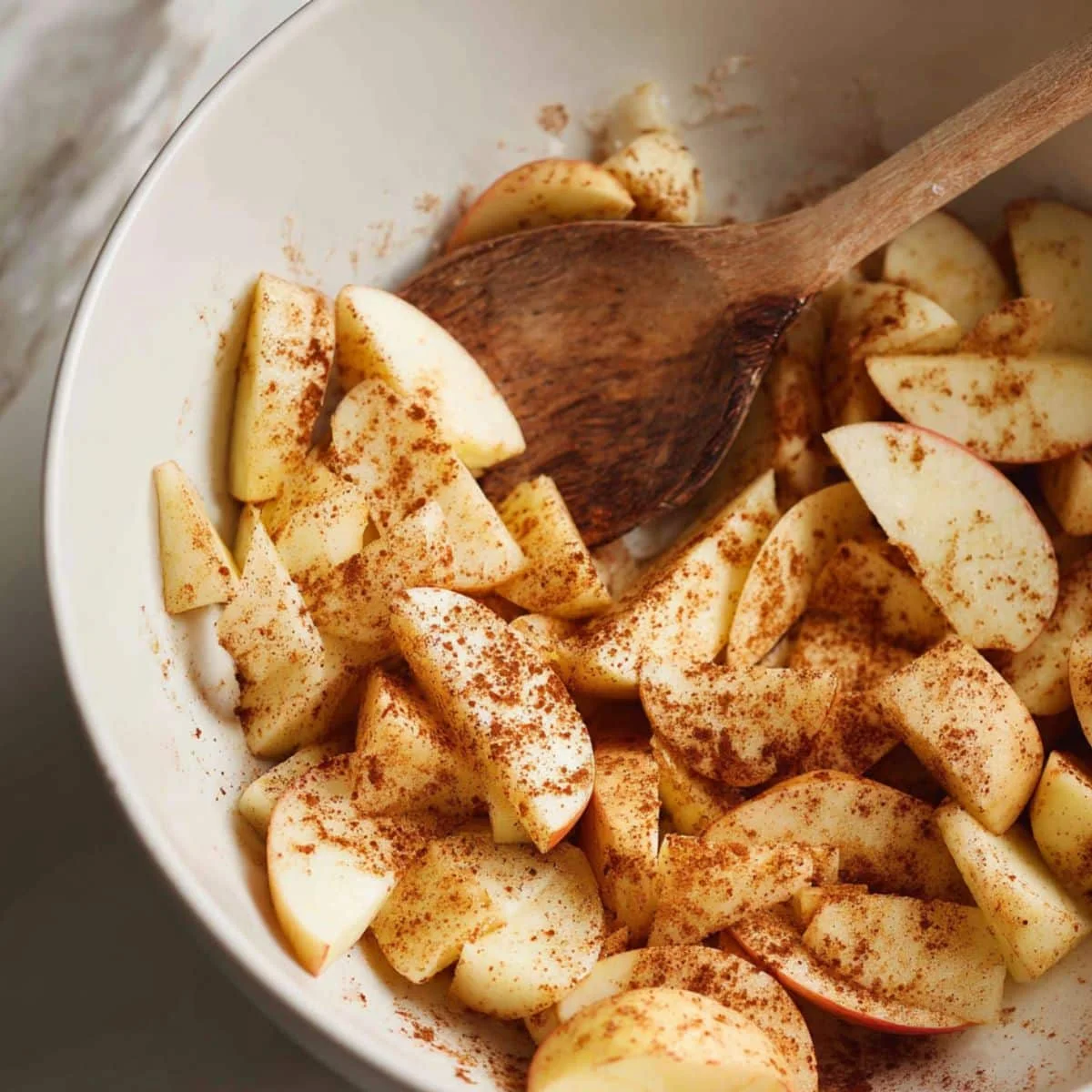 Apple slices mixed with cinnamon and sugar in a bowl	