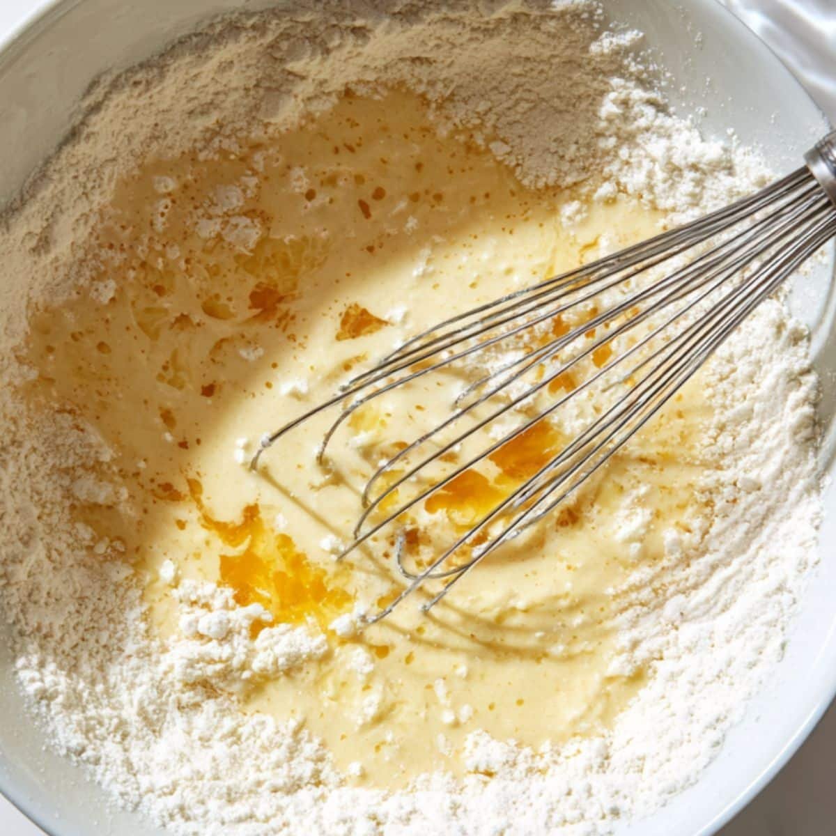 Mixing pancake batter in a large bowl with a whisk