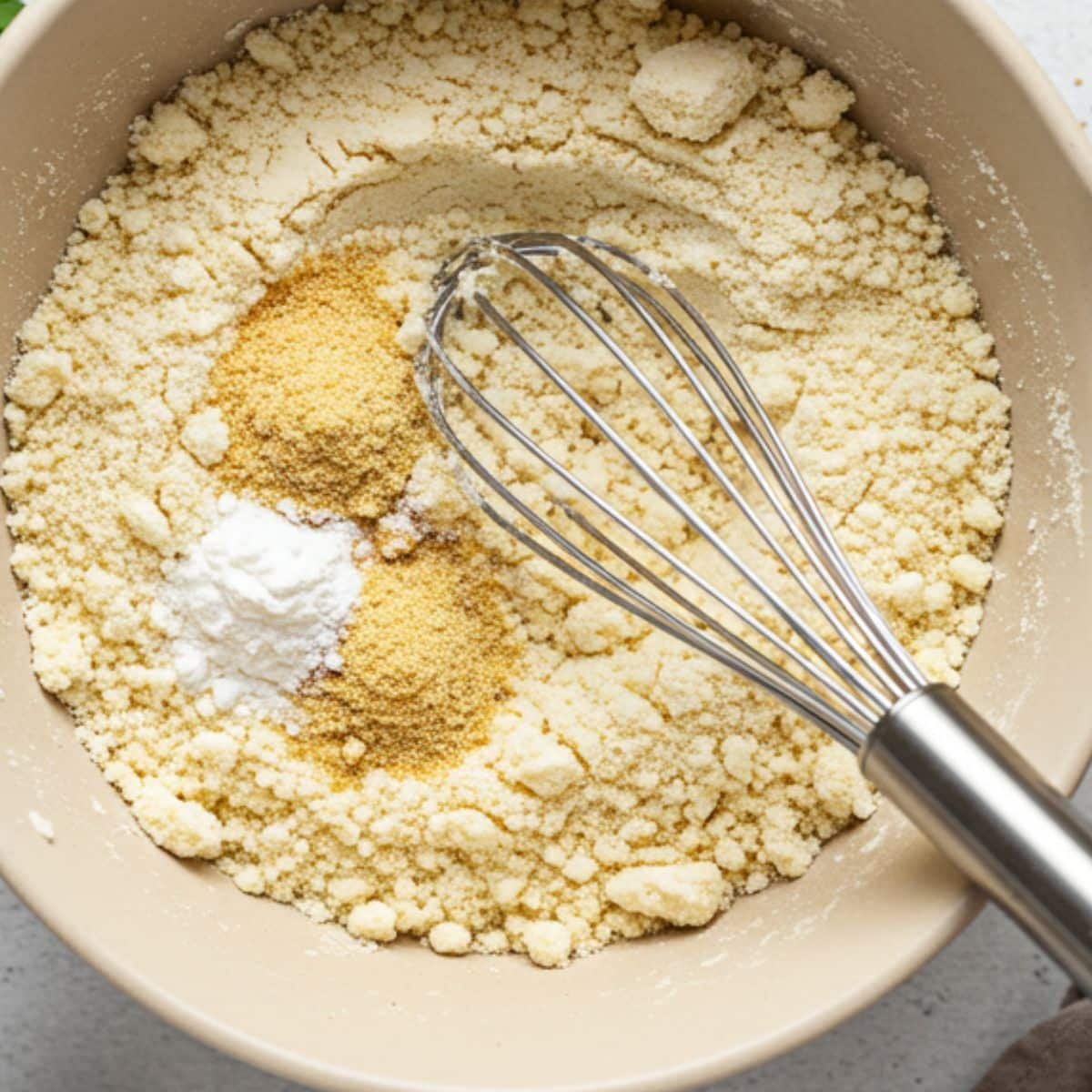 Whisking almond flour with dry seasonings for cottage cheese bread