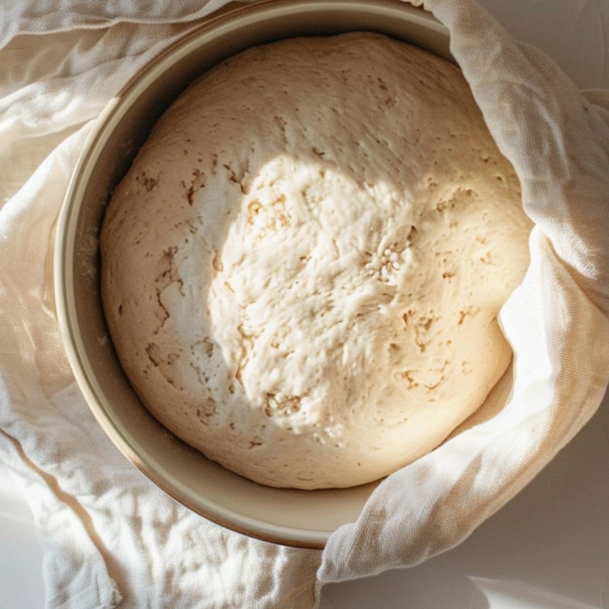 Dough resting in a bowl covered with a kitchen towel	