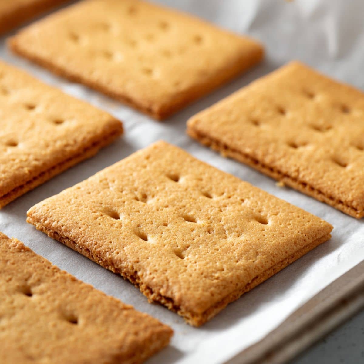 Golden brown gluten free graham crackers cooling on baking sheet