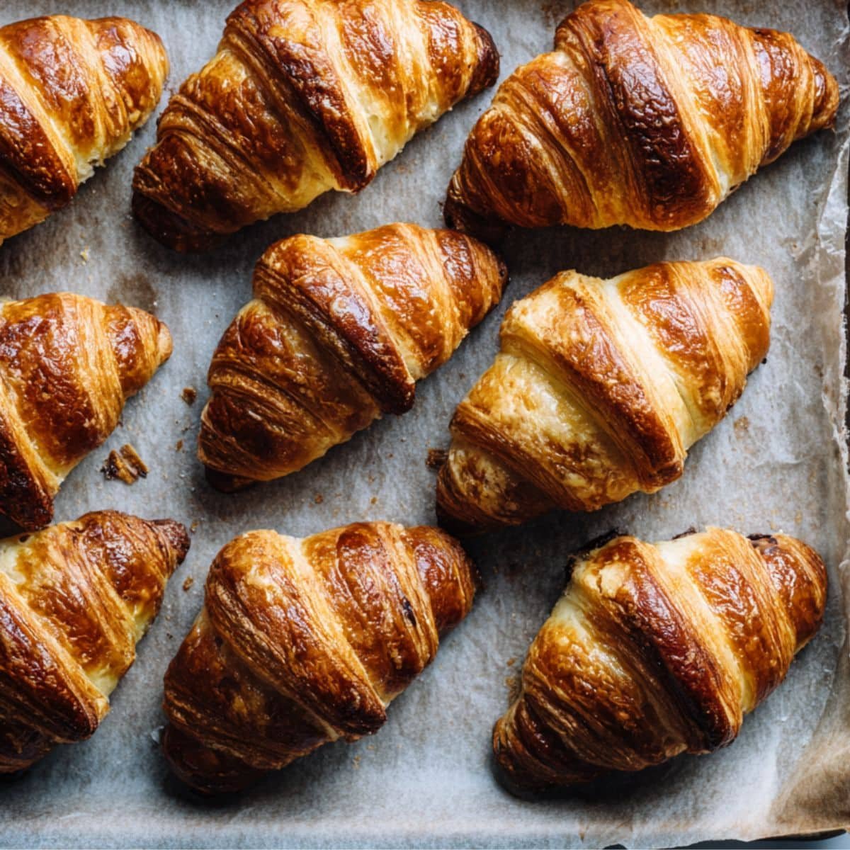 Golden brown baked chocolate croissants on a parchment-lined tray.