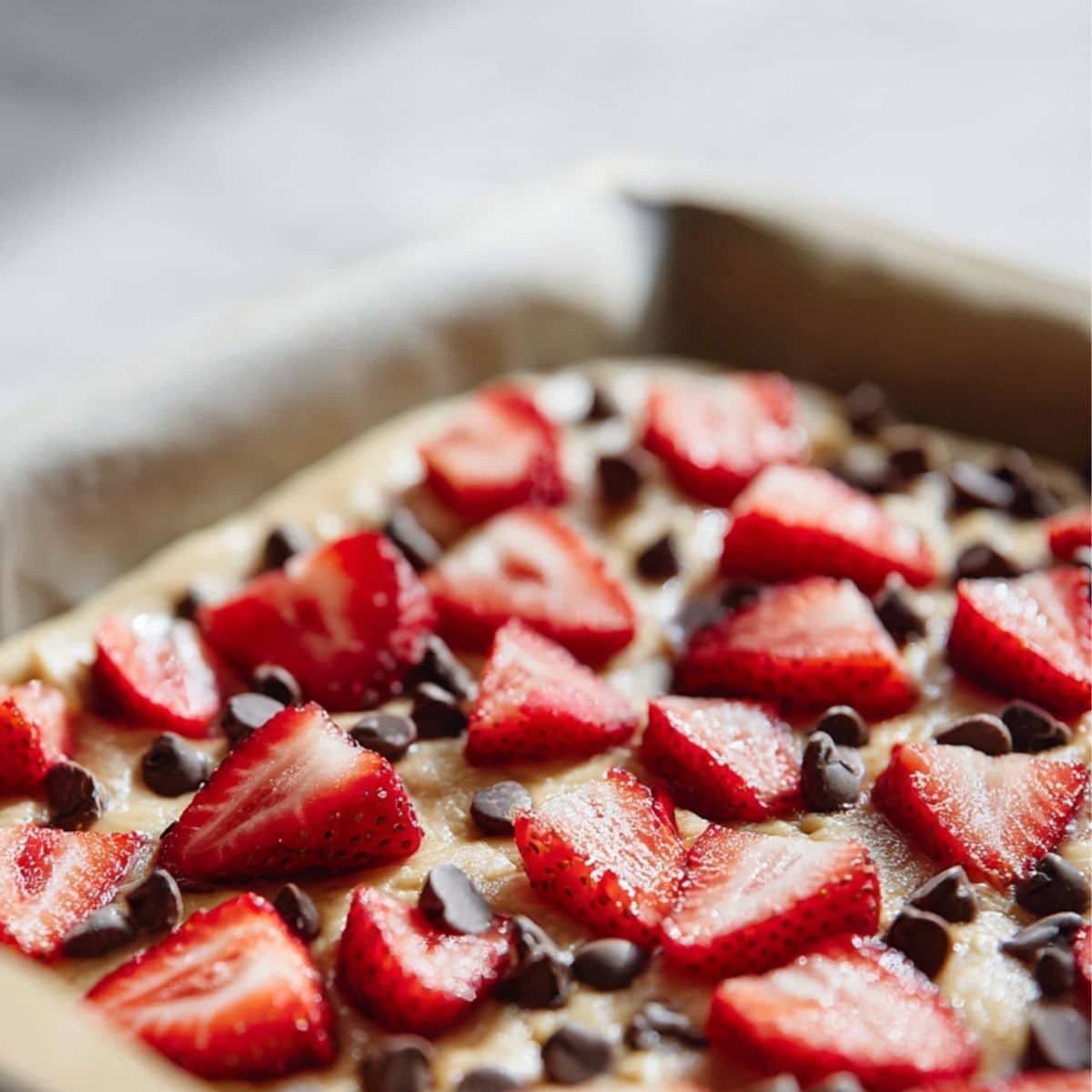 Baked sheet pan pancakes with strawberries and chocolate chips