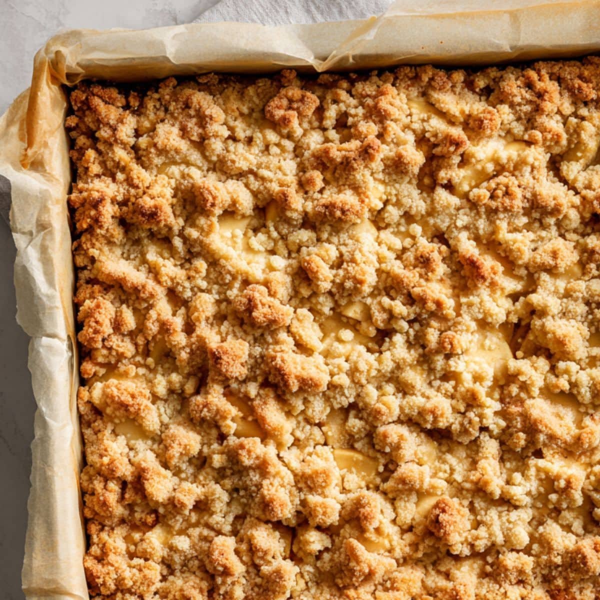 Apple pie bars just baked with golden topping in pan	