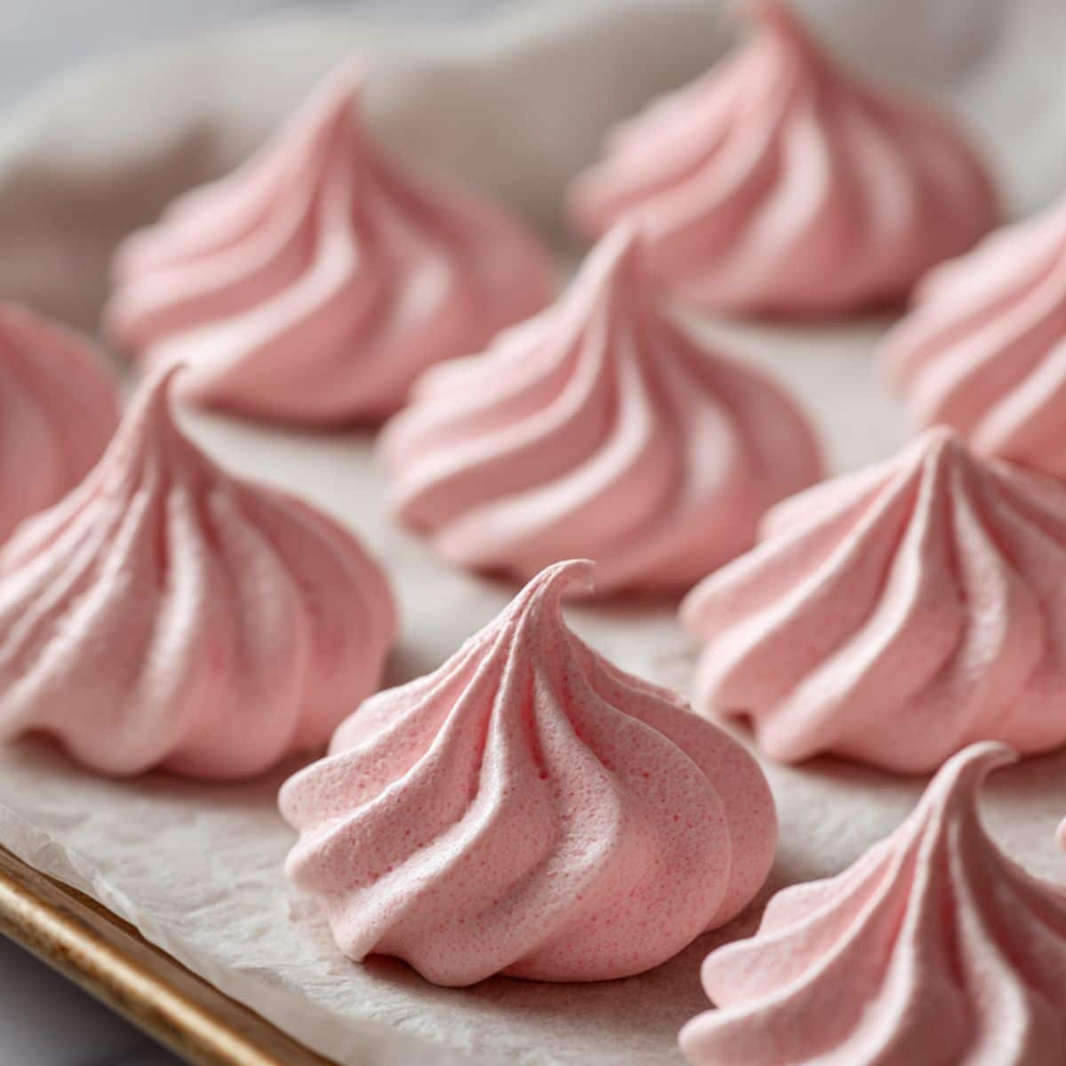 Piped pink meringue cookies on tray	