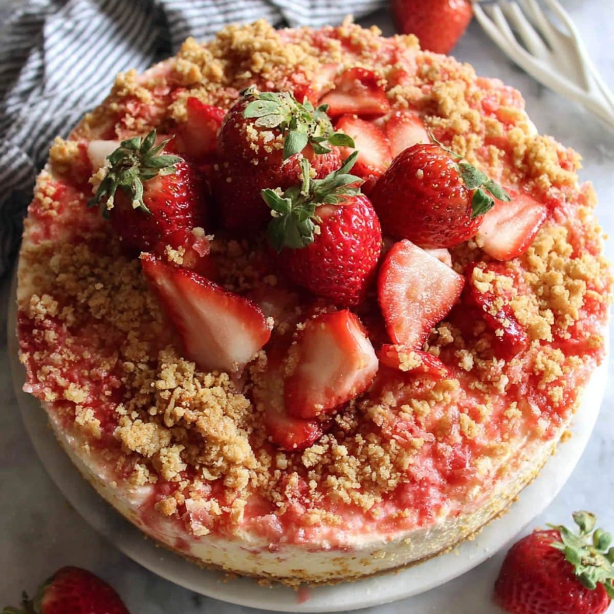 homemade strawberry crunch cheesecake topped with strawberry on a white plate