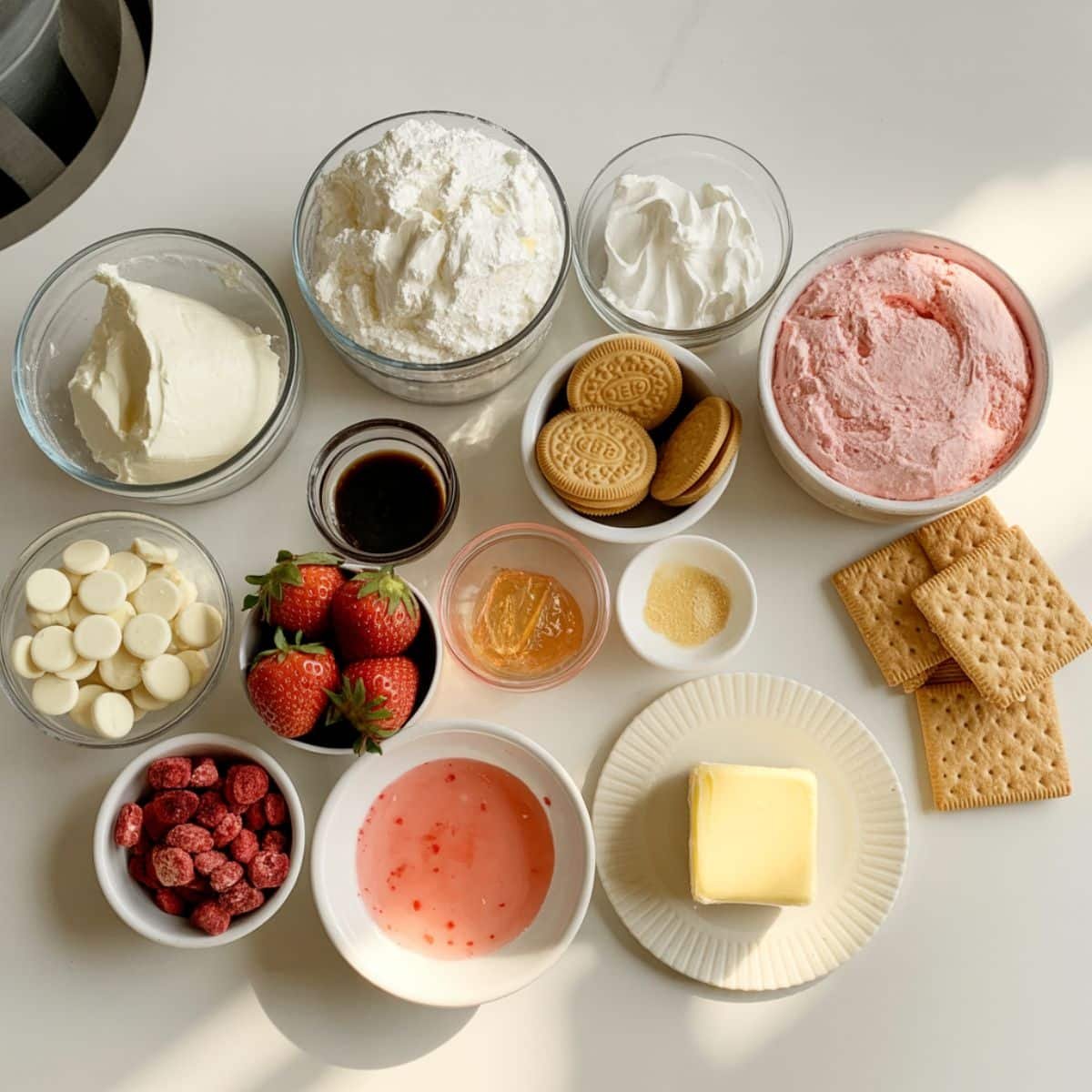 All ingredients for homemade strawberry crunch cheesecake on a white counter