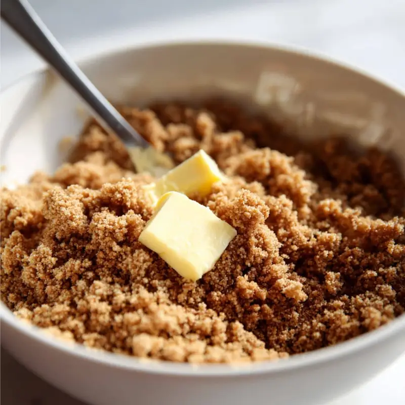 Crumbly streusel mixture in a white bowl with butter chunks	