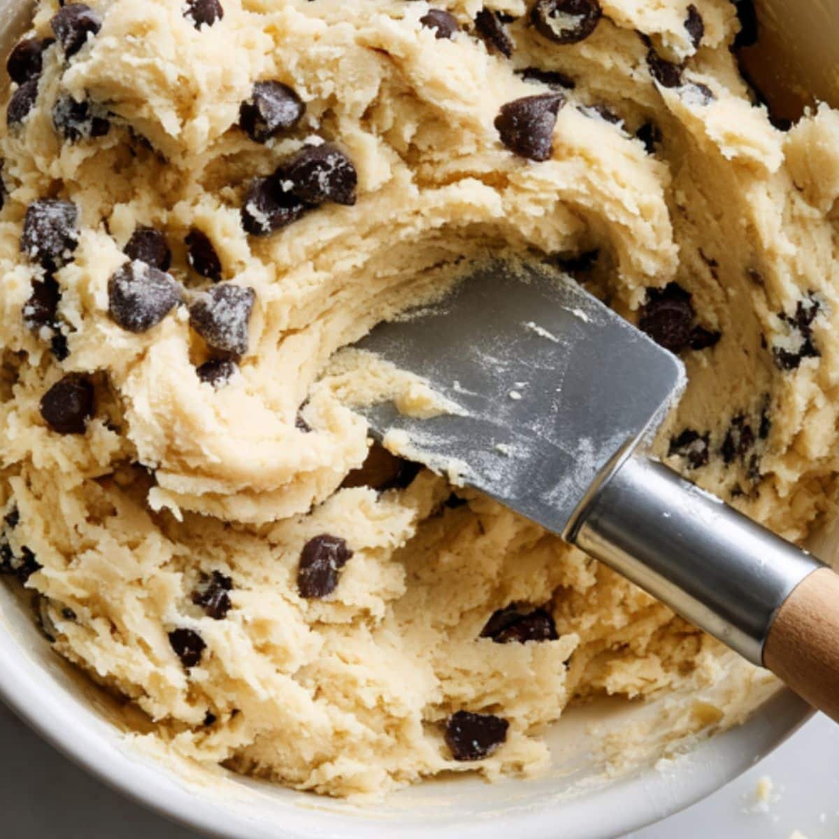 Bowl of homemade stuffed cookie dough with chocolate chips