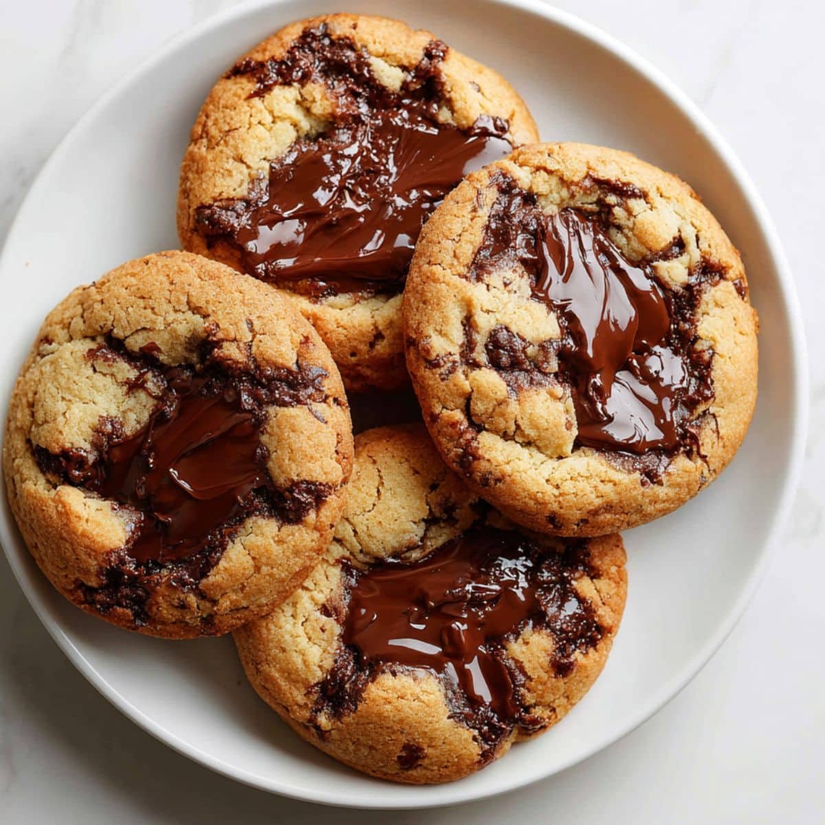 Gooey Nutella stuffed cookie broken open with melted chocolate center