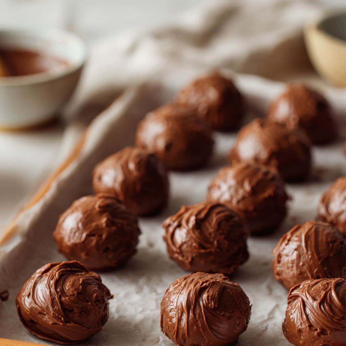 Small bowls of Nutella filling ready for stuffing into cookies
