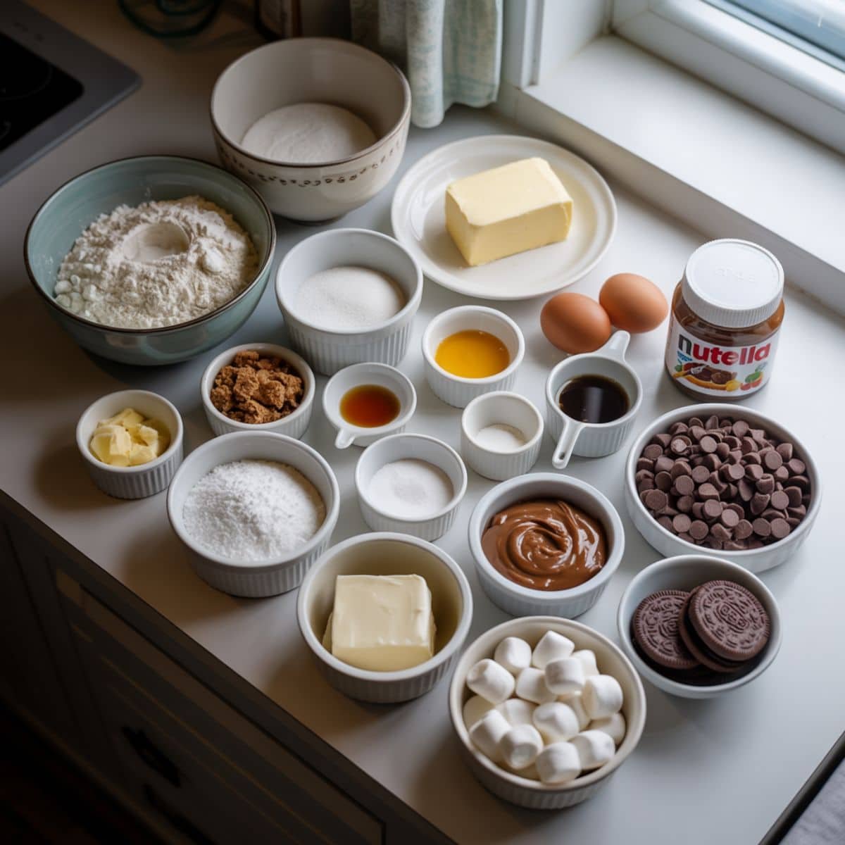 All ingredients for homemade stuffed cookies arranged on a white kitchen counter