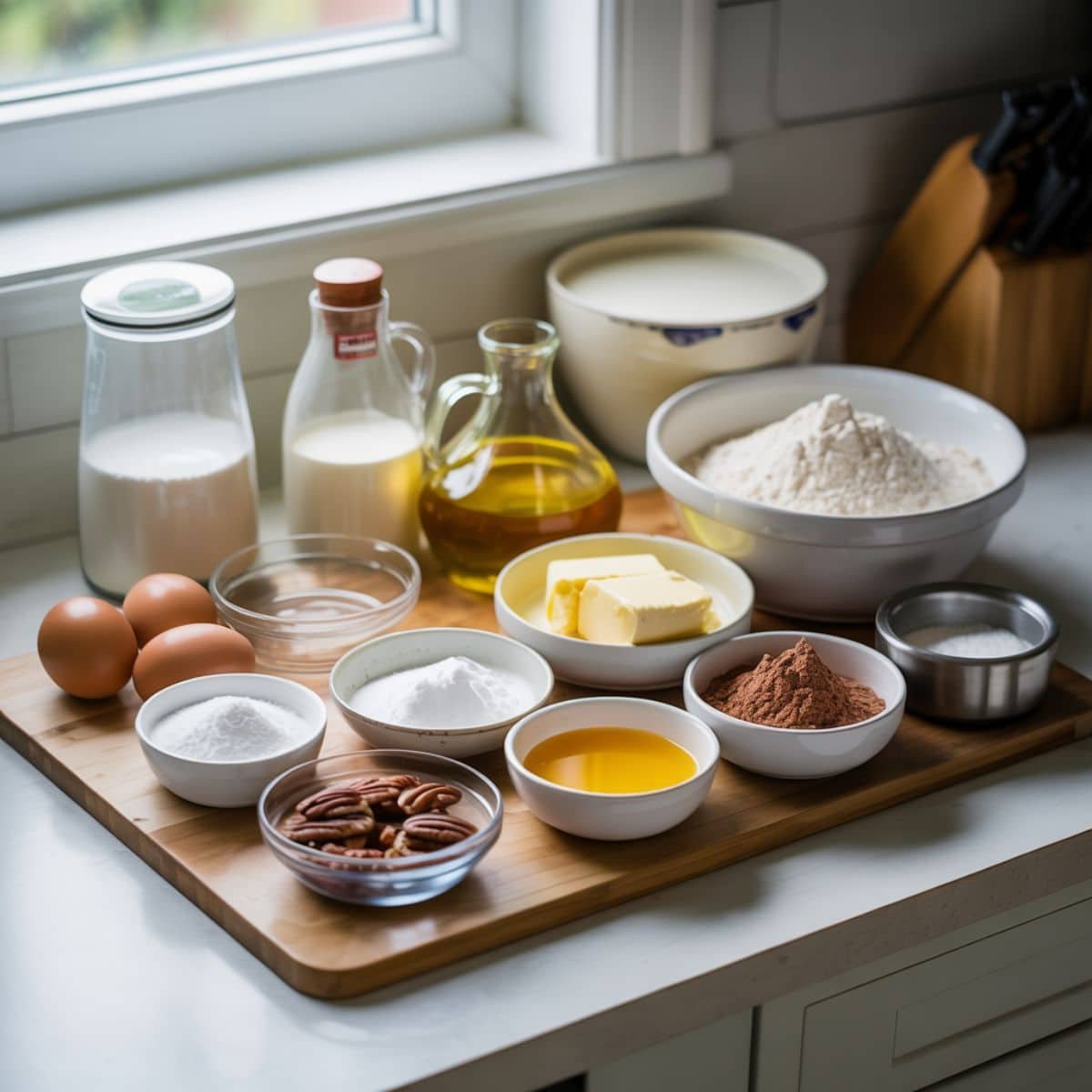 Texas sheet cake ingredients laid out on a white kitchen counter.	